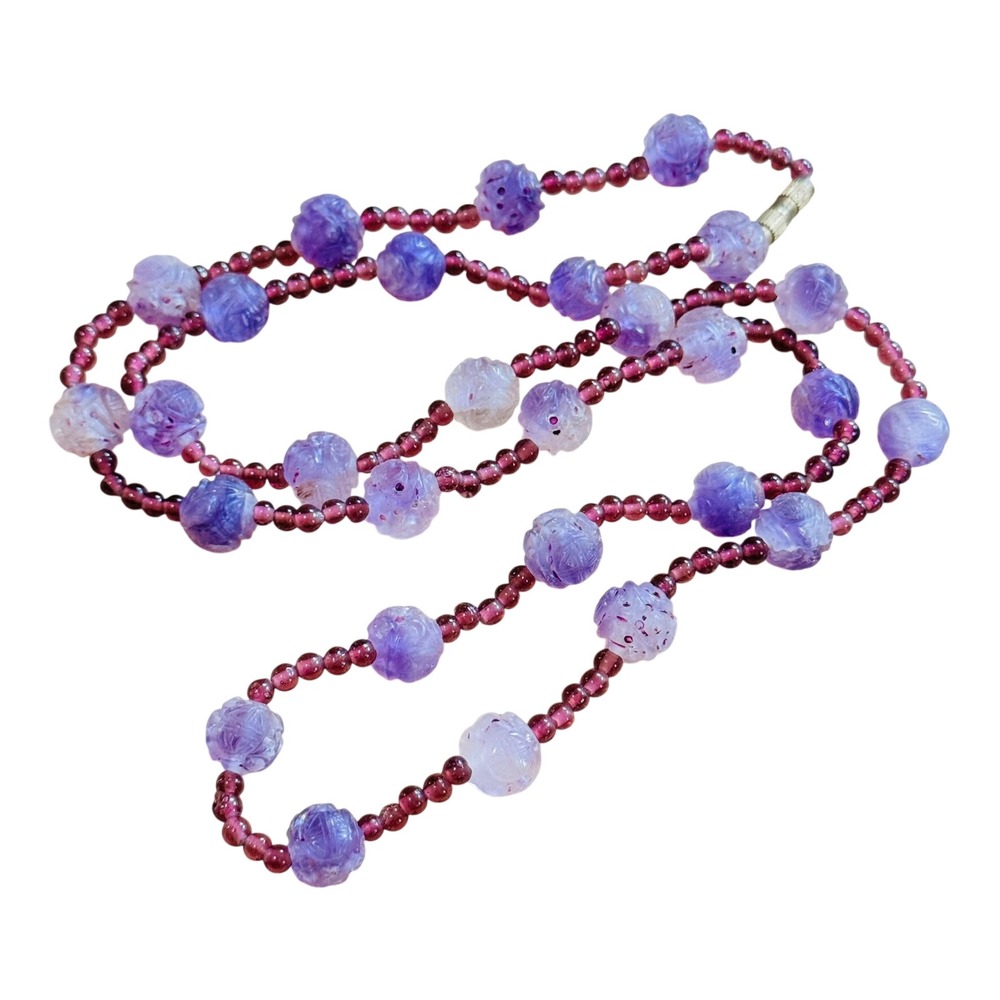 VTG Carved Amethyst Garnet Necklace Beaded Natural Stone Collar Regal Purple 32"